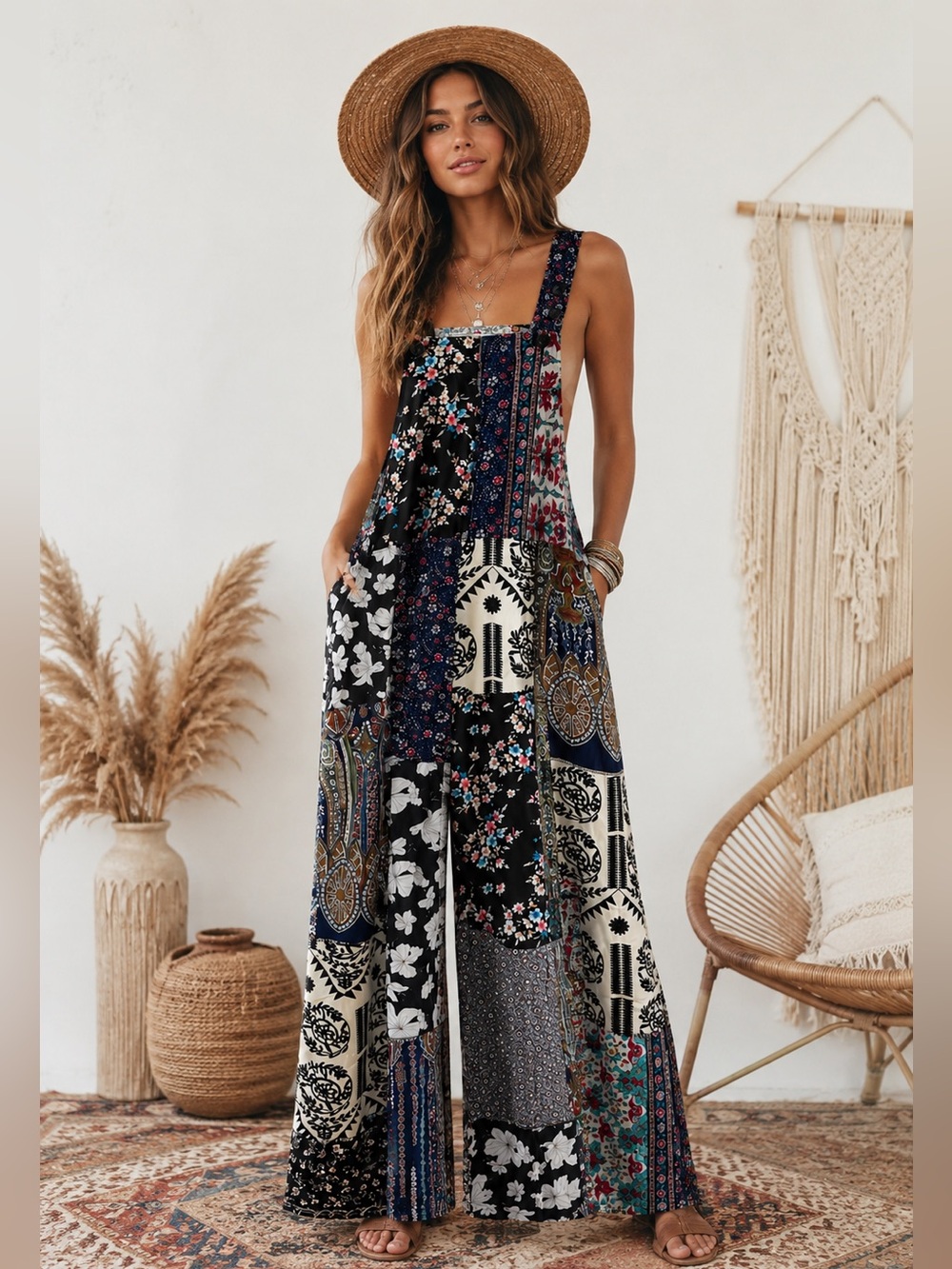 Yak & Yeti Wide Leg Jumpsuit - Overalls - Patchwork - Adjustable - Pockets